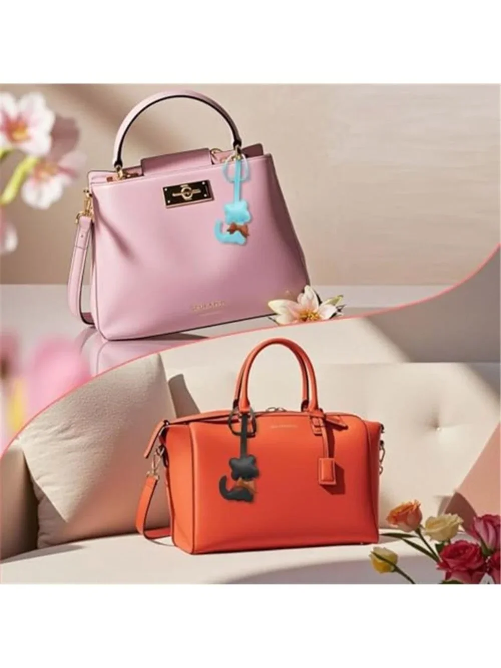 2PC Cat Bag Charms Pink Blue PU Leather Keychains Purse Handbag Accessories